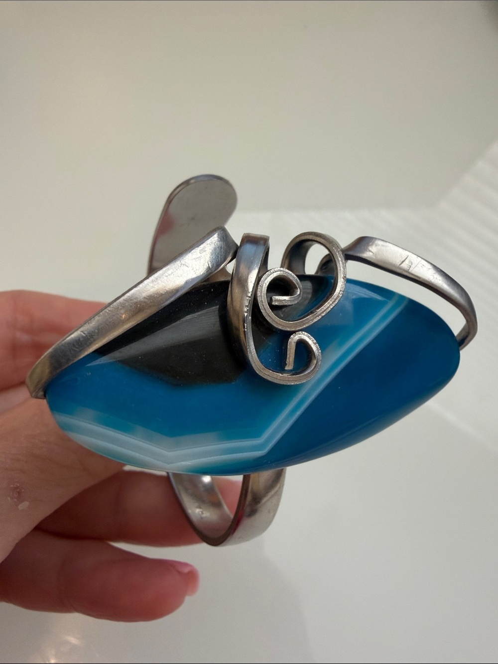 Unique Stainless Steel (Fork) Blue Agate Statement Bracelet - Picture 3 of 6